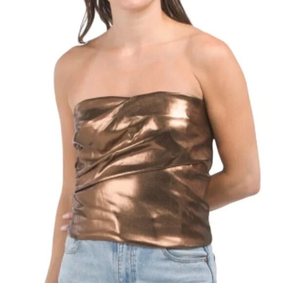 NEW Zara Corset Tube Top Womens Sz Medium Metallic Bronze Gold Strapless Ruched - Picture 2 of 7